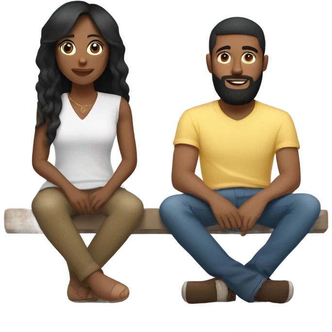 Black woman with black straight hair sitting on soft surface with pillows   with  British Caucasian male with brown hair and beard  emoji