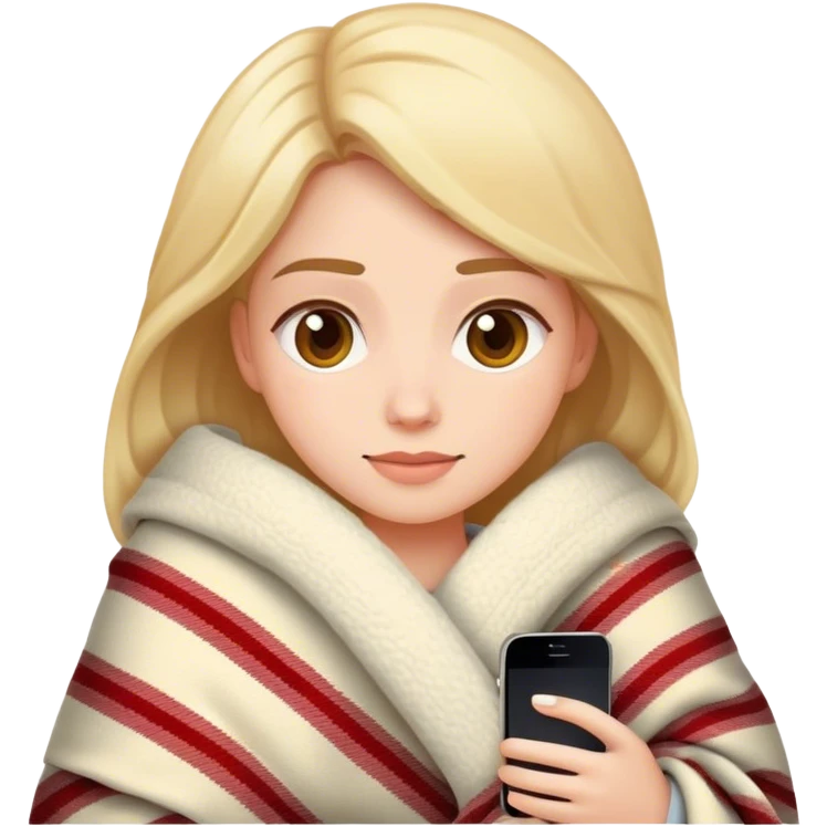 realistic woman in cozy blanket with iPhone, iPhone style emoji emoji