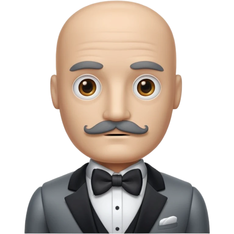 Gray Robot with a square head, no hair, no pupils, thick moustache, wearing a tuxedo, buff emoji