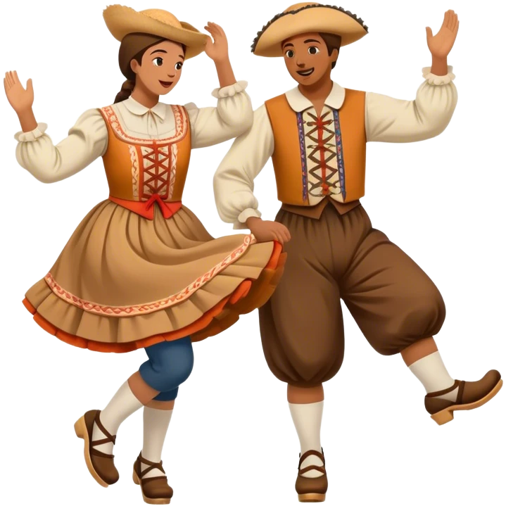 Cinematic Realistic scene of two performers executing the Klompendans, dressed in traditional Dutch costumes complete with wooden clogs and detailed folk patterns, captured in lively motion with soft, natural lighting emoji