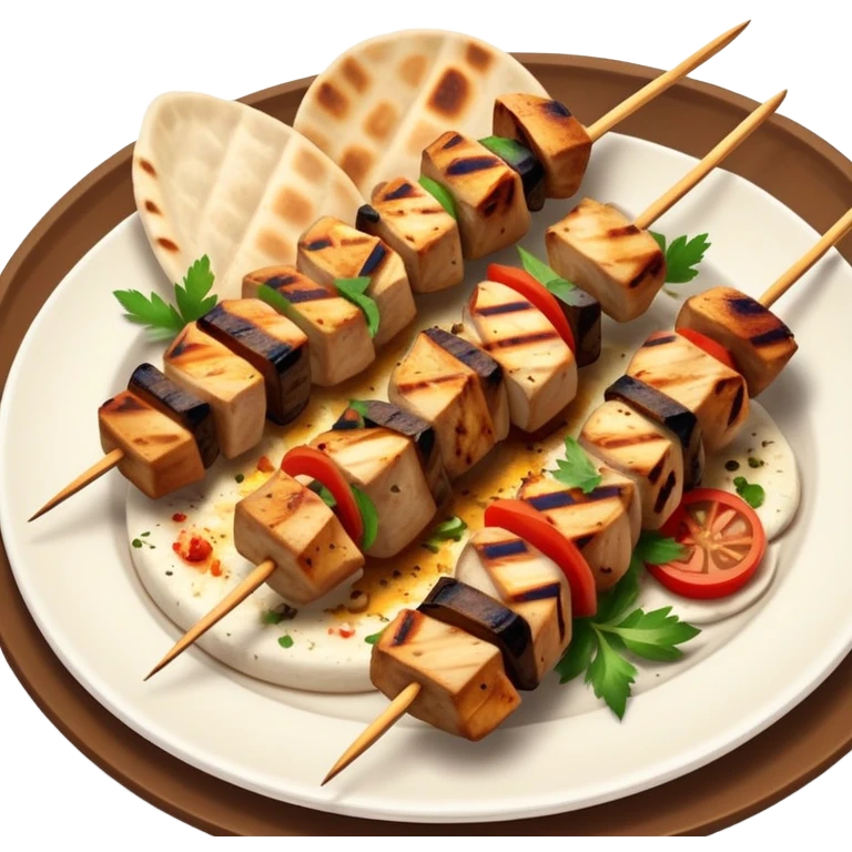 cinematic-realistic-souvlaki-dish-emoji,-showcasing-skewered,-2 grilled-chicken-with-mediterranean-spices-rendered-with-dynamic-textures-and-warm,-appetizing-lighting on pita bread on a plate emoji