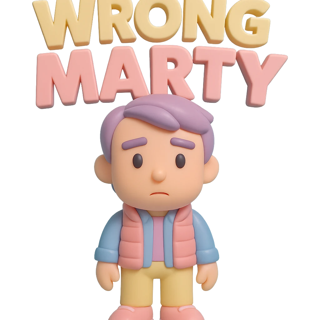 'Wrong Marty' flashy 3D text, playful and collectible vinyl figure style emoji