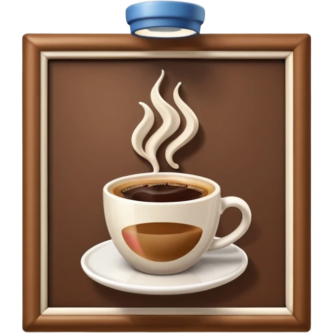 A 3D cartoon coffee shop advertisement poster hanging on a wall, showing a cup of coffee, visible border, flat lighting, Memoji-style. emoji