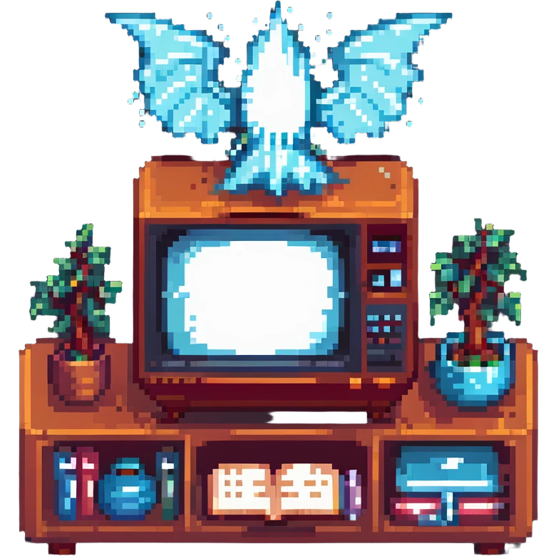 vintage TV set with an enchanted spell book on the screen, magical energy pouring out, pixel art style emoji