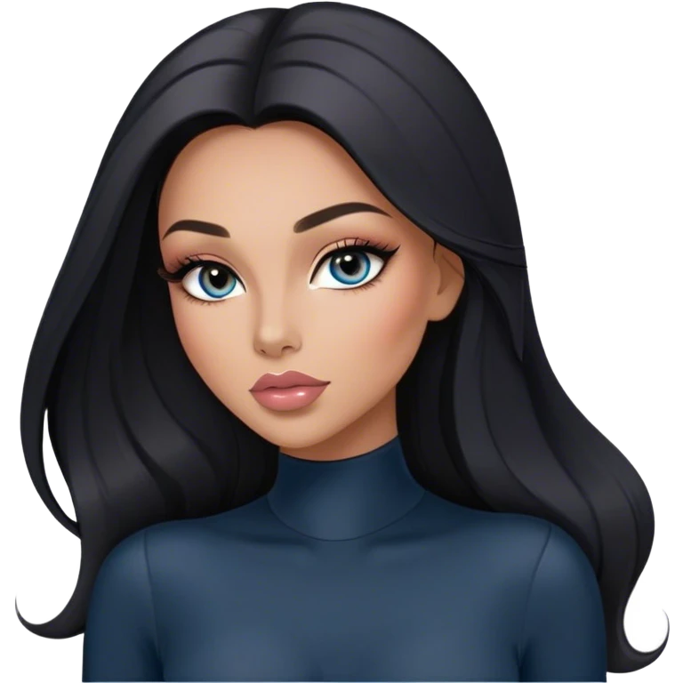 Glamours, tanned, very beautiful girl, with big pump peach-beige-rose lips, long long lashes, black straight smooth silky long hair, straight parting hair, blue-grey eyes in black long-sleeves bodysuit emoji