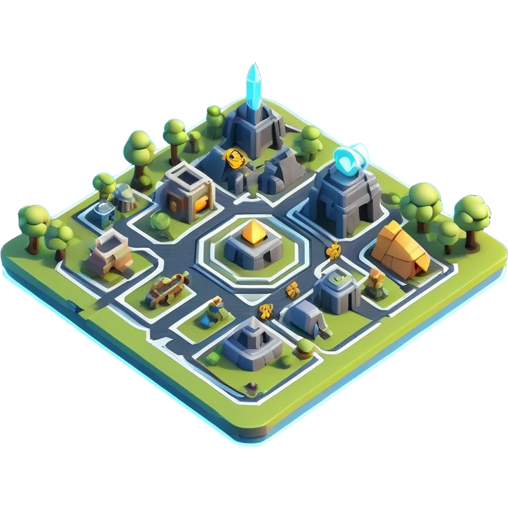 Clash of Clans aesthetic: Cinematic Playful 3D Isometric Holographic Map Emoji, rendered in a 3D vector-style similar to standard emojis with minimal shading and bold, simplified shapes. A compact, distinct form with signature details, softly glowing with a futuristic sci-fi warfare charm. Simplified yet unmistakably iconic, highly detailed and consistent, glowing with a soft radiance and high shine. Stylized with a touch of high-tech brilliance and a soft glowing outline, capturing the essence of a beloved gaming relic with a friendly, playful manner! emoji