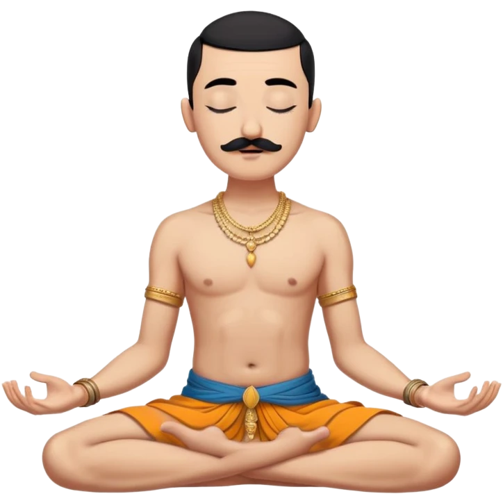 Black hair cossack with bold head, very long black mustache, lock of black hair sprouting from the top of the shaven head, with no jewelry, meditating bare torso with closed eyes in lotus pose in traditional indian dhoti emoji