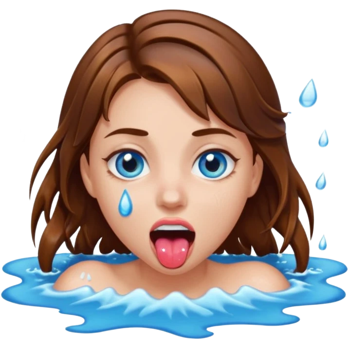 Girl with brown hair, blue eyes, a wet slimy face and her tongue out. Slimy water on her face, hair and tongue. Can you make the water more white color emoji