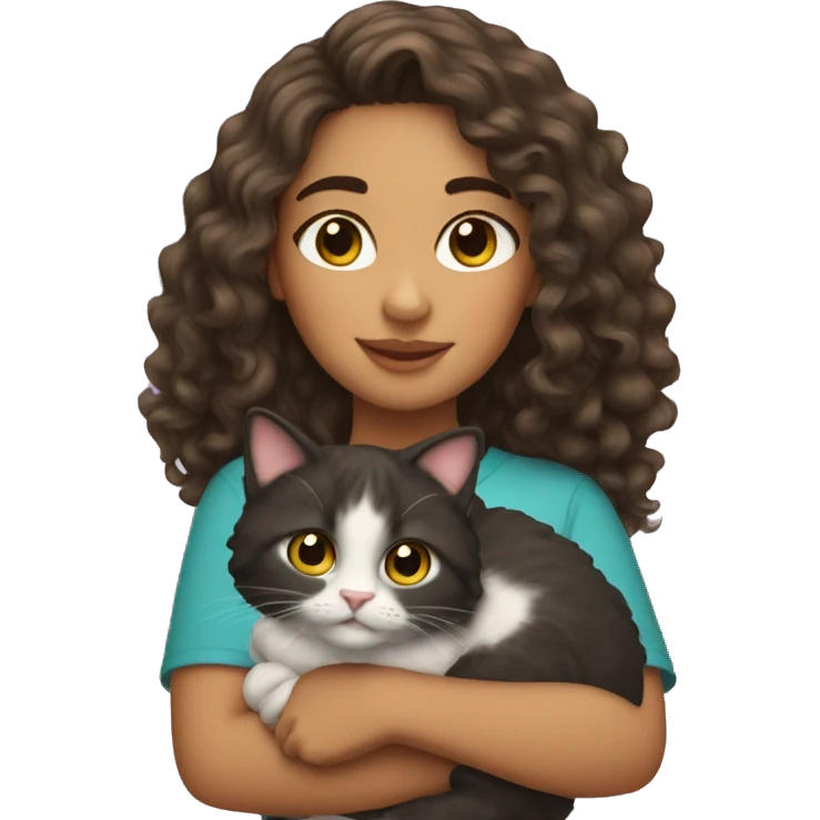 Hispanic Girl with long curly hair holding cat  emoji