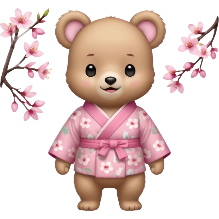A cute baby bear character in pastel style, standing upright like a human. 
Light brown soft fur, large round ears, rounded paws and feet. 
Big cute black dot eyes, medium blush cheeks, and a tiny smiling mouth. 
Wearing a pink kimono with soft cherry blossom patterns on the sleeves and bottom,  emoji