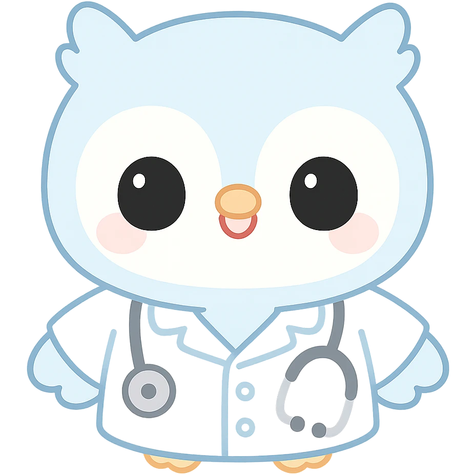 blue baby owl animated, wearing doctor uniform, kawaii style emoji