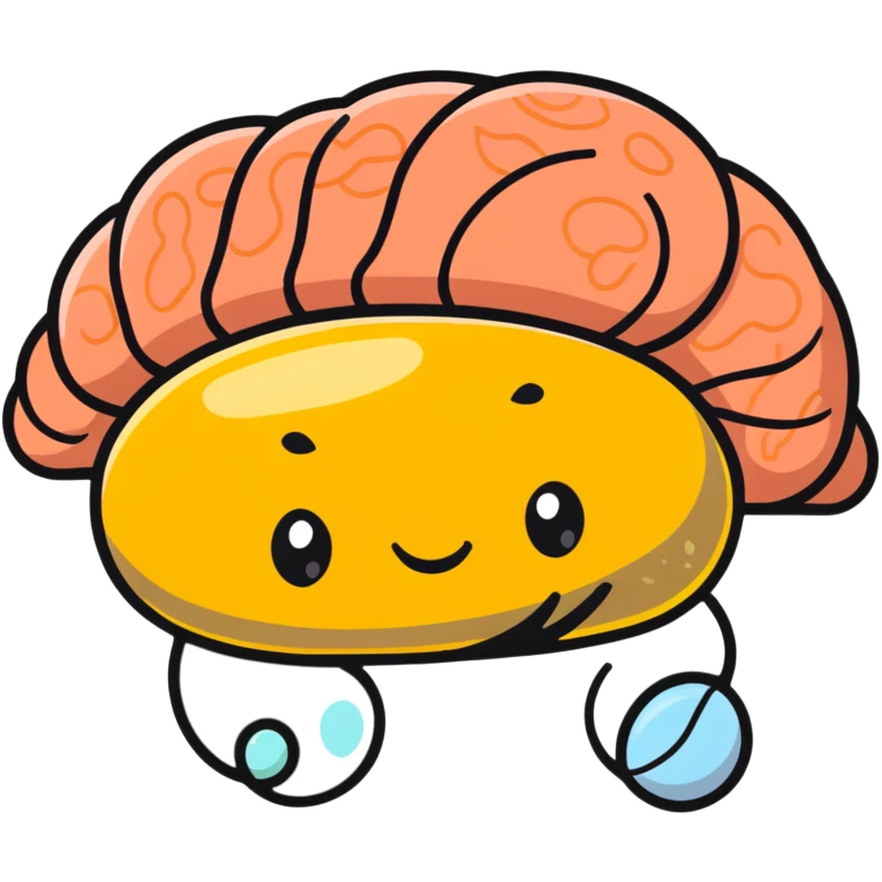 A bright, healthy brain surrounded by foods rich in phosphatidylserine precursors: salmon, egg yolk, fermented soy, and healthy fats, all connected by gentle glowing lines to the brain. emoji