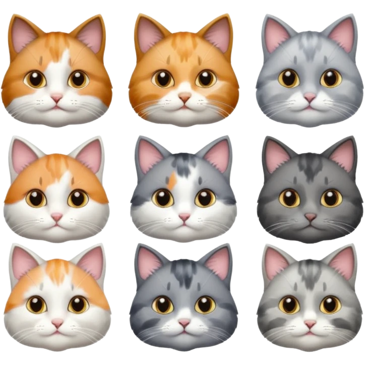 6 realistic looking cats with different natural coloured coats, assorted grey and white, greys, calico colours etc
 emoji