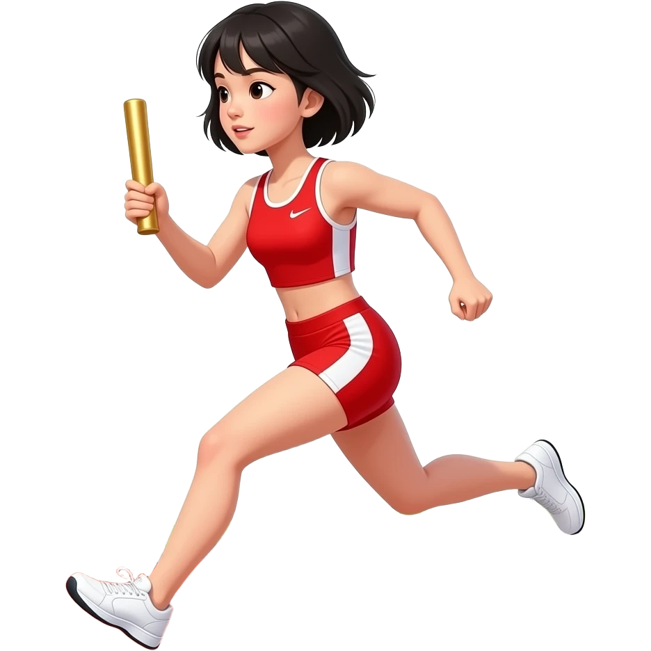 An Asian girl wearing a red track and field uniform with a baton in her left hand and is running  fast emoji