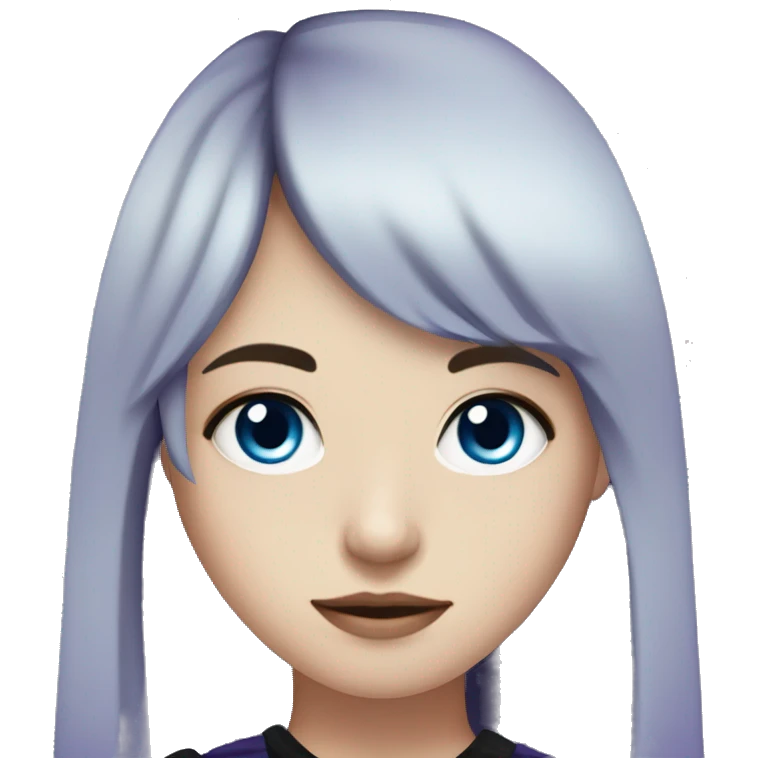 girl, pale skin, blue eyes, long hair, dark purple hair, bangs, black clothes, eyeliner emoji