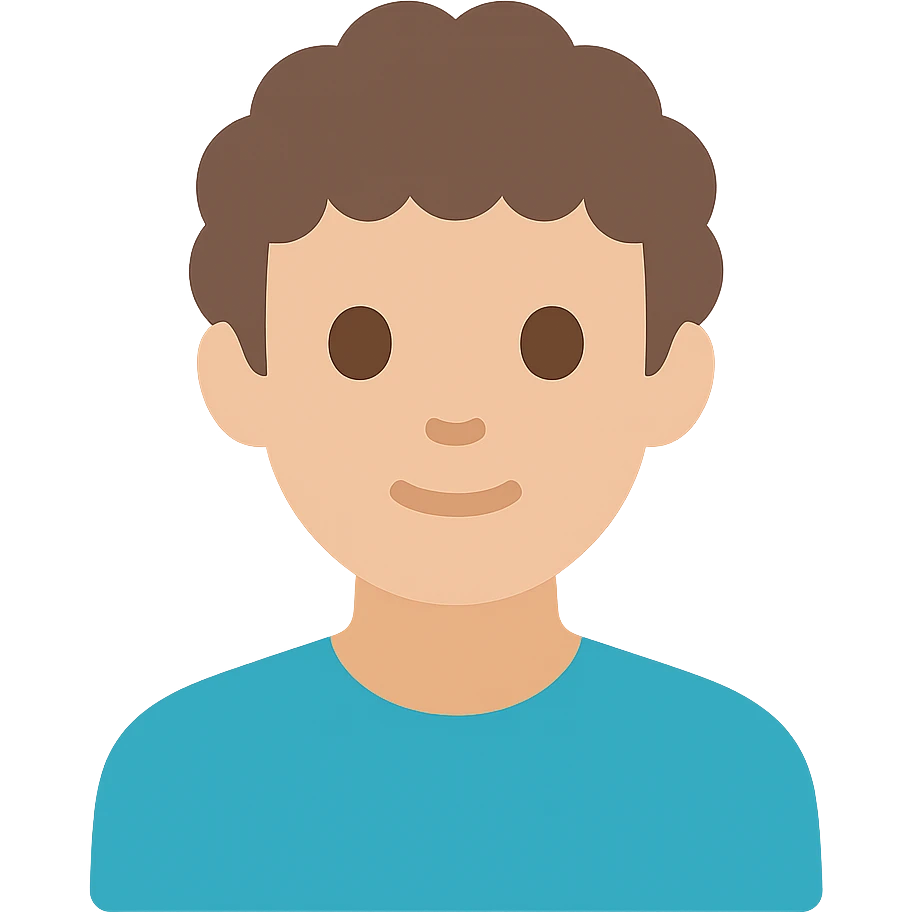good looking young adult boy with brown curly hair and brown eyes, color icon emoji