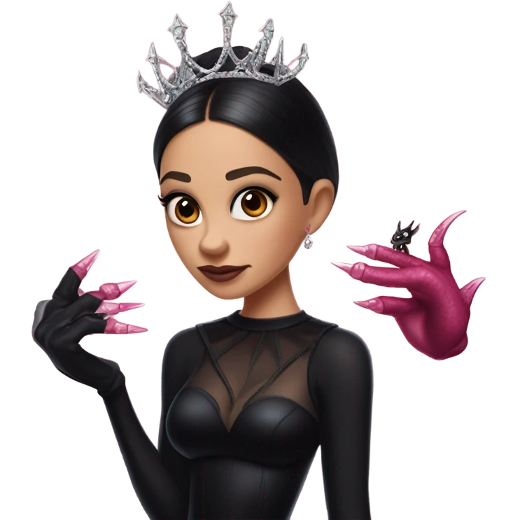 low cut back black evening gown with see-through gloves, Jenna Ortega as Addams woman prom queen wearing a mini tiara, very large blood  pink evil-looking horned old dragon companion emoji