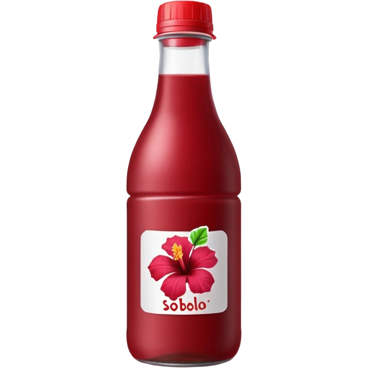 sobolo emoji (Ghanaian frink) in a plastic bottle and make the juice dark red  but a hibiscus on it and  write sobolo on it no hibiscus behind it on the label instead emoji