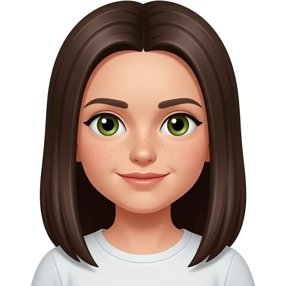 haz una chica con ojos verdes y marrones con pelo liso i castaño muy oscuro muy largo, con pecas y pelo muy largo emoji