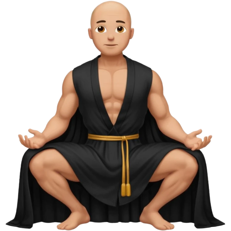 fullbody jacked bald guy, sleeveless and unbuttoned in black robe sitting emoji