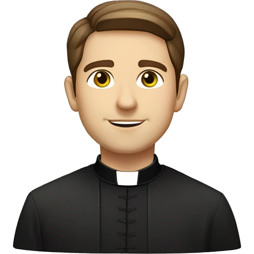 Front view Head and shoulders of a handsome catholic priest with brown hair and light green eyes wearing a clerical collar and a black shirt emoji