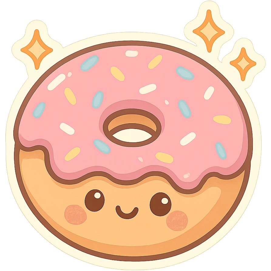 chibi sticker-style donut with sparkles, cute and exaggerated emoji