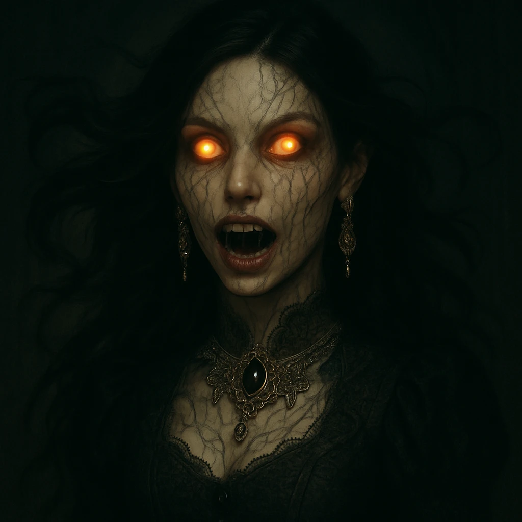 Make the beautiful scary girl look realistic, photorealistic horror portrait style. Keep gothic jewelry and supernatural features with dramatic lighting. Emphasize photorealism and horror elements in the portrait. emoji