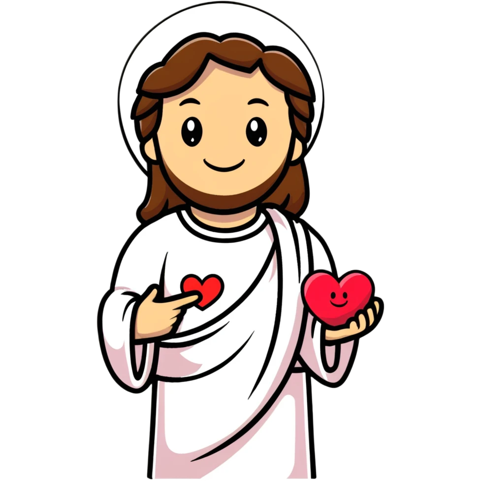 cartoon Jesus with a heart symbol, smiling, simple lines emoji