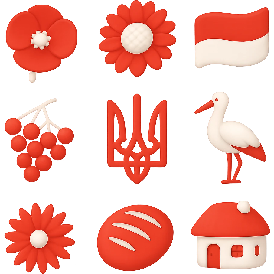 3D icons in painted style: red poppy, sunflower, Ukrainian flag, trident, viburnum, cornflower, bread, stork, Ukrainian house. Grid 2x3, organic spacing, transparent background. emoji