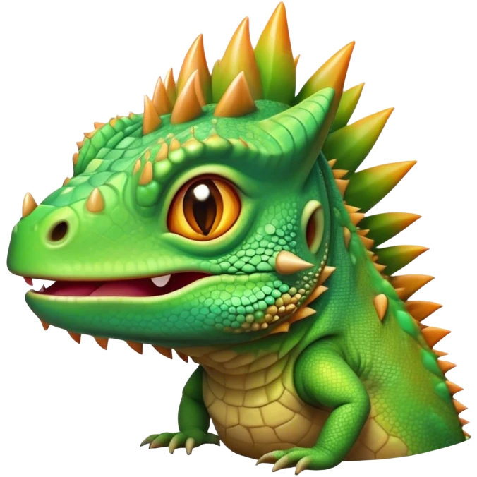 Cinematic Cute Iguana Portrait Emoji, Head tilted playfully and inquisitively, featuring a delightfully vibrant, textured body with a subtle spiky crest and large, sparkling eyes full of gentle wonder, Simplified yet irresistibly adorable features, highly detailed, glowing with a warm, inviting jungle glow, high shine, affectionate and lively, stylized with a touch of whimsical reptilian charm, soft glowing outline, capturing the essence of a mischievous yet loving iguana that seems as if it could scurry out of the screen into your arms! emoji