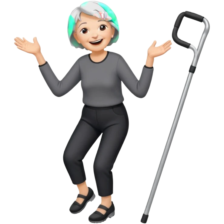 old woman with short hair, dressed with pants, laughing and dancing with crutches emoji