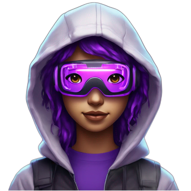 light-skin teen student in the black hoody with violet letters "SN" on it wearing vr headset. Cyberpunk style. Violet neon. emoji