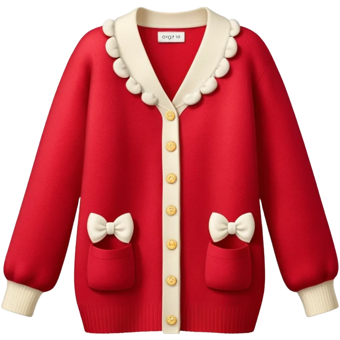 red cashmere cardigan with 8 tiny ivory bows all over front and sleeves, realistic 3d isolated, soft texture emoji