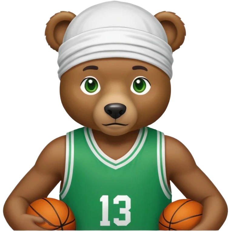 Cool brown bear with green eyes shown to shoulders, white durag, green and white basketball jersey visible on upper chest and shoulders, iOS emoji style emoji