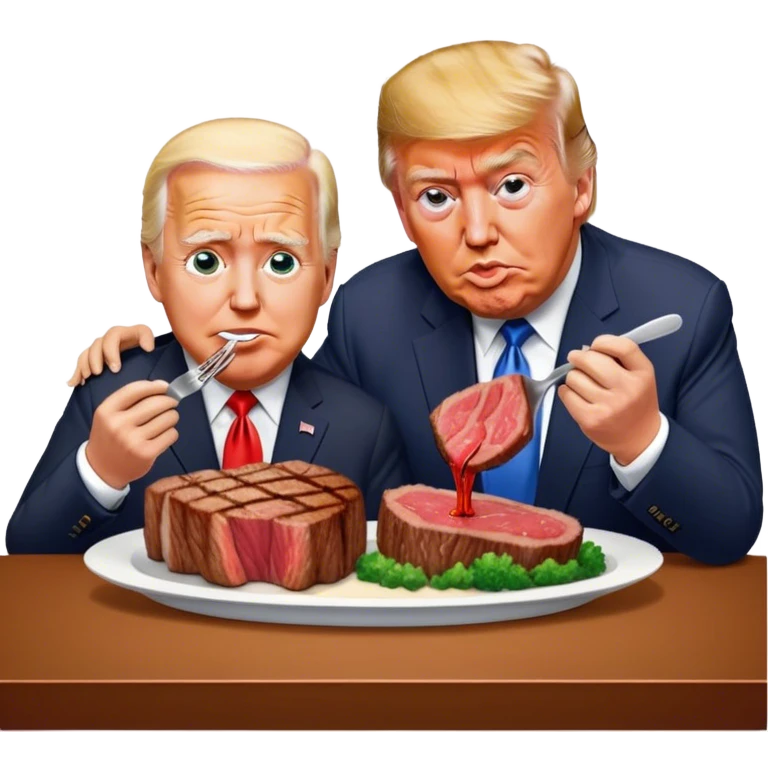 photorealistic Donald Trump and Biden eating a steak shaped like an piece of land emoji