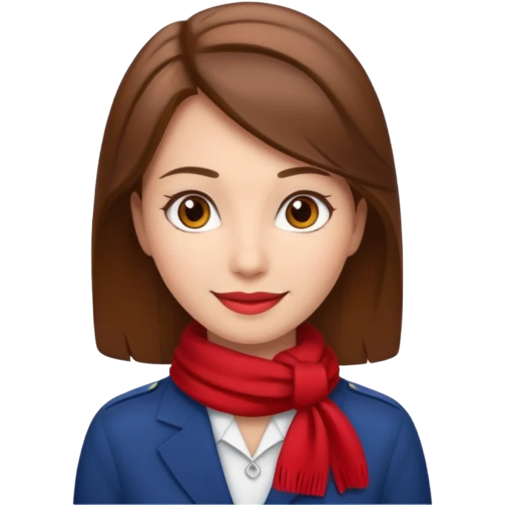 Female flight attendant, with red scarf, white shirt, brown hair, brown eyes, iOS emoji-type face, fair skin  emoji