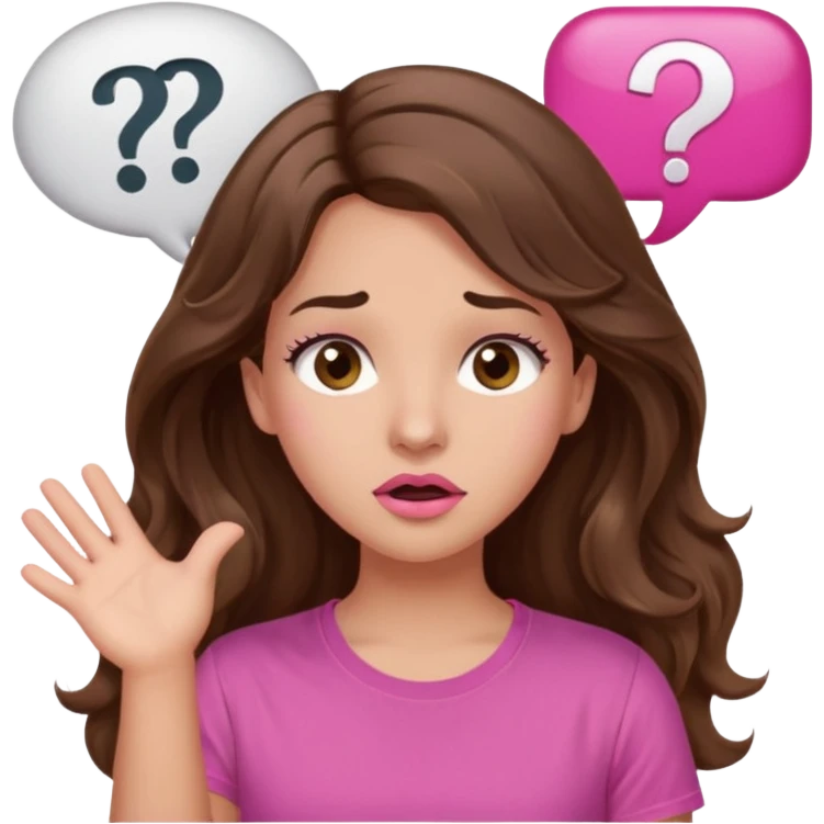 girl with long wavy brown hair, brown eyes, light to medium complexion, in a pink shirt, pink lips, long lashes, shugging, question mark one speech bubble emoji