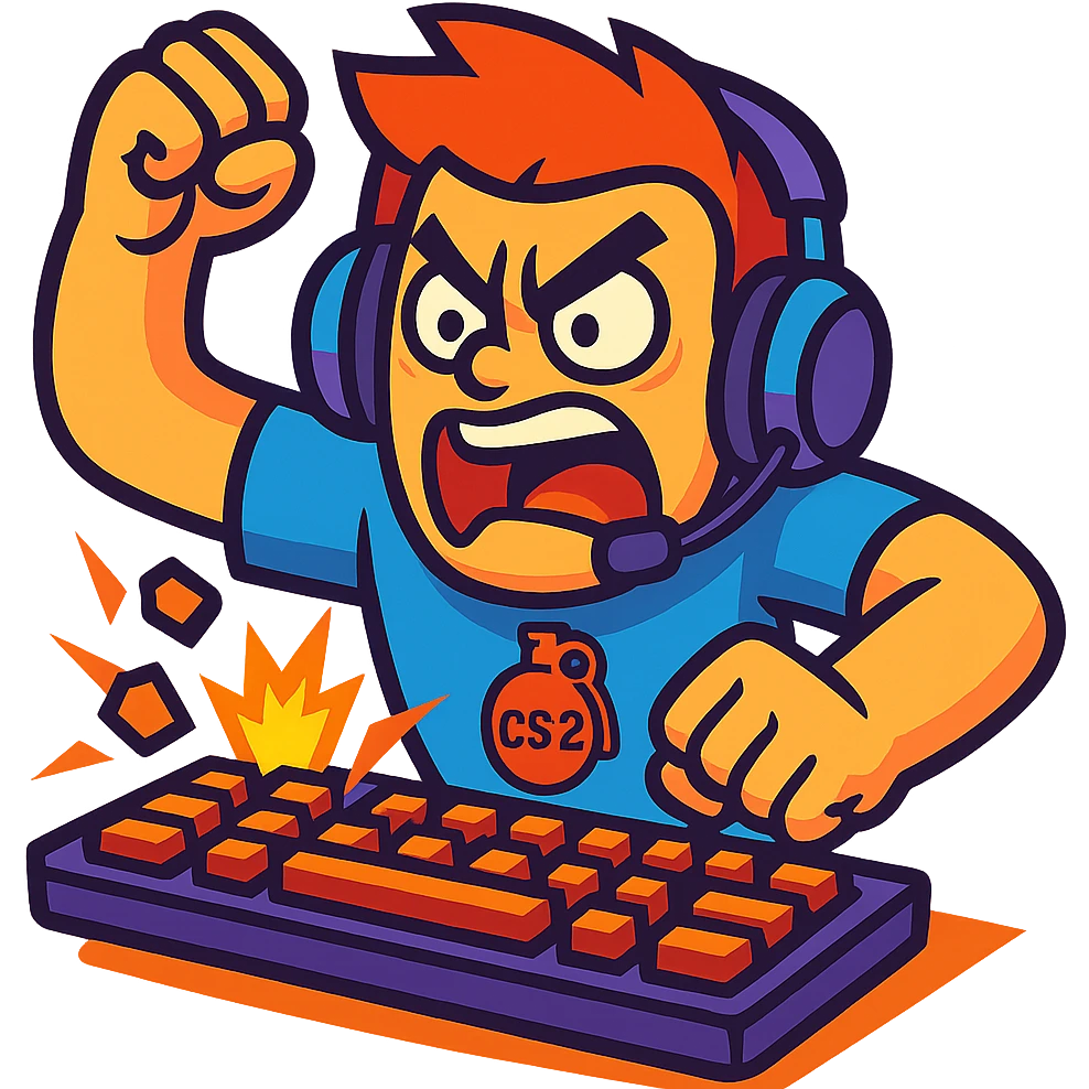 CS2 rage, cartoon gamer smashing keyboard, vibrant colors emoji