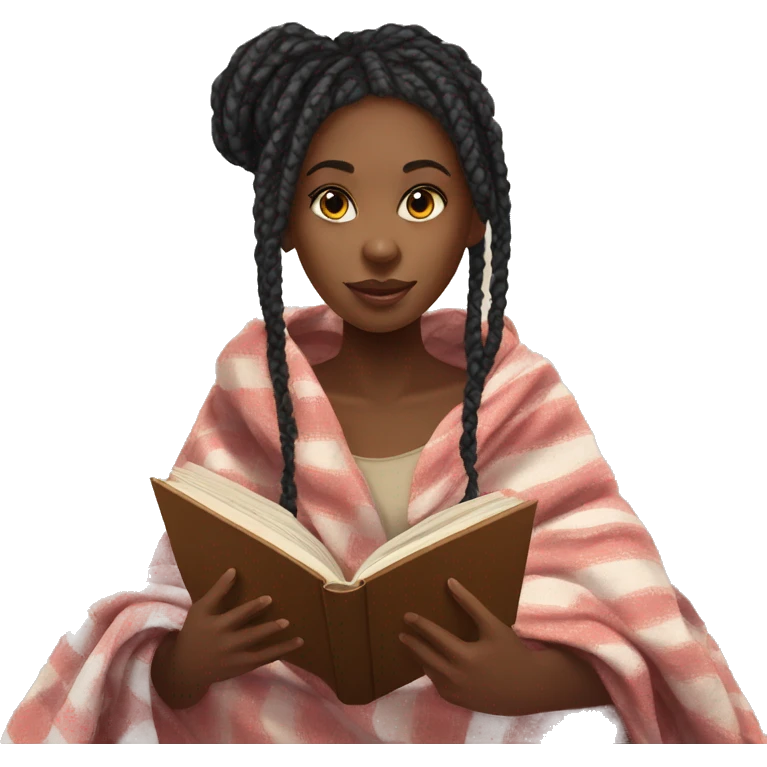 Black girl with box braids inside a blanket reading a book emoji