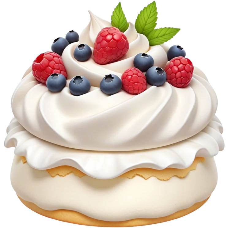 Cinematic Realistic Pavlova Dessert Emoji, showcasing a delicate meringue dessert topped with fresh fruit rendered with lifelike texture and soft natural lighting. emoji