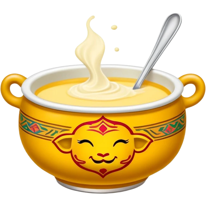 Tibetan butter tea in traditional bowl, simplified emoji style with bold outlines and bright colors, cartoon style creamy yak butter drink emoji