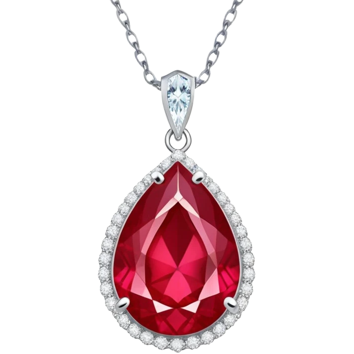 teardrop ruby pendant with silver chain and white stones, radiating luminous aura emoji