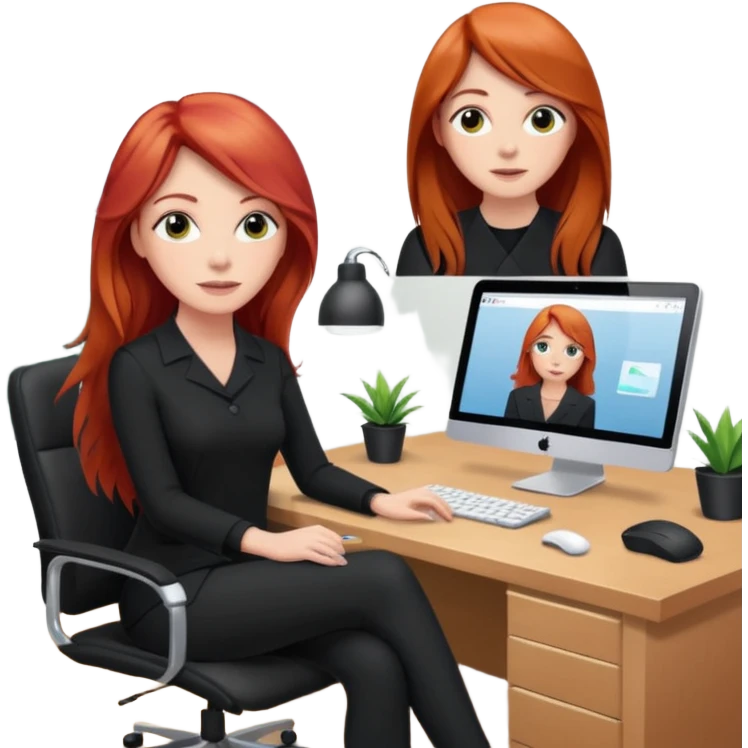 Video call therapy session: red-haired therapist with long hair wearing black minimalist clothing, seated in a professional home office, looking at the webcam; calm, modern teletherapy setting emoji