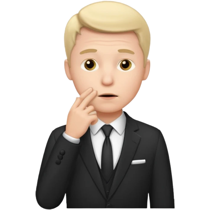 white man in formal suit thinking, hand on mouth emoji