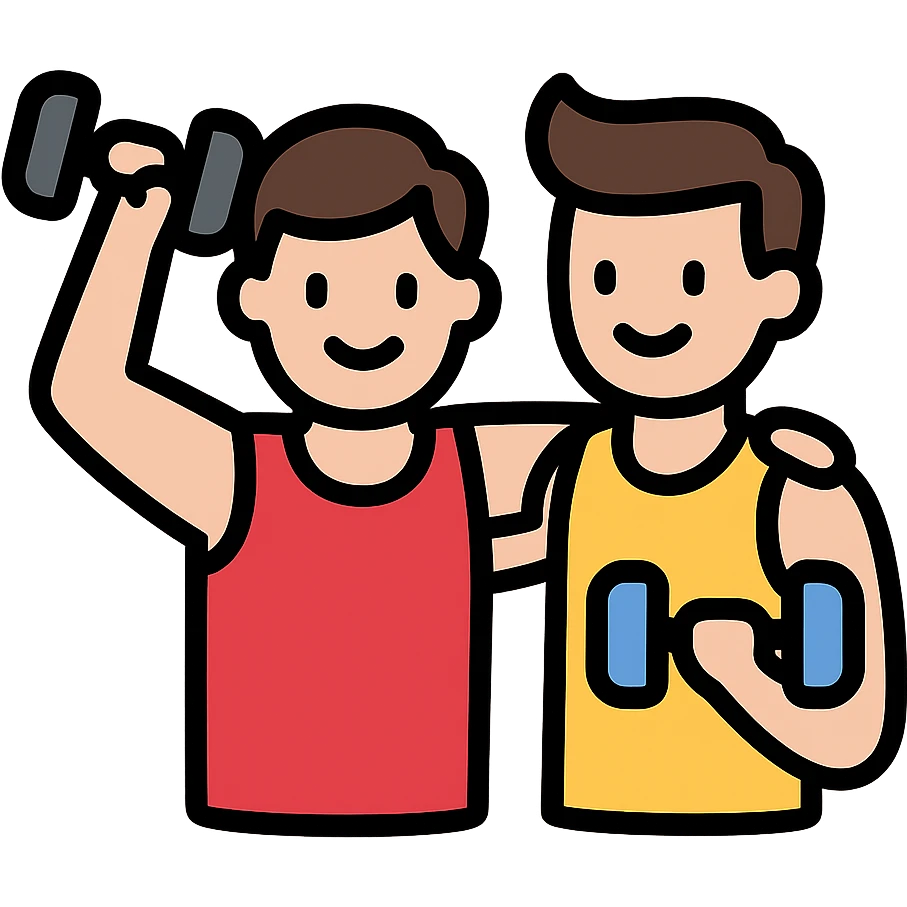 two male gym buddies, friendly, working out together, simple and clear icon style design emoji