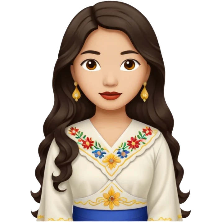 Filipino woman with long dark wavy hair parted in the middle wearing a traditional filipiniana emoji