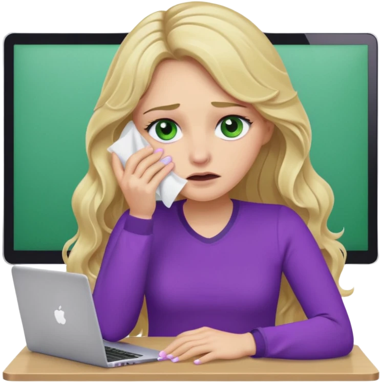 lady with long wavy blonde hair, purple top, green eyes, at desk with hand holding tissue to her eye and crying, with a purple mac laptop  emoji