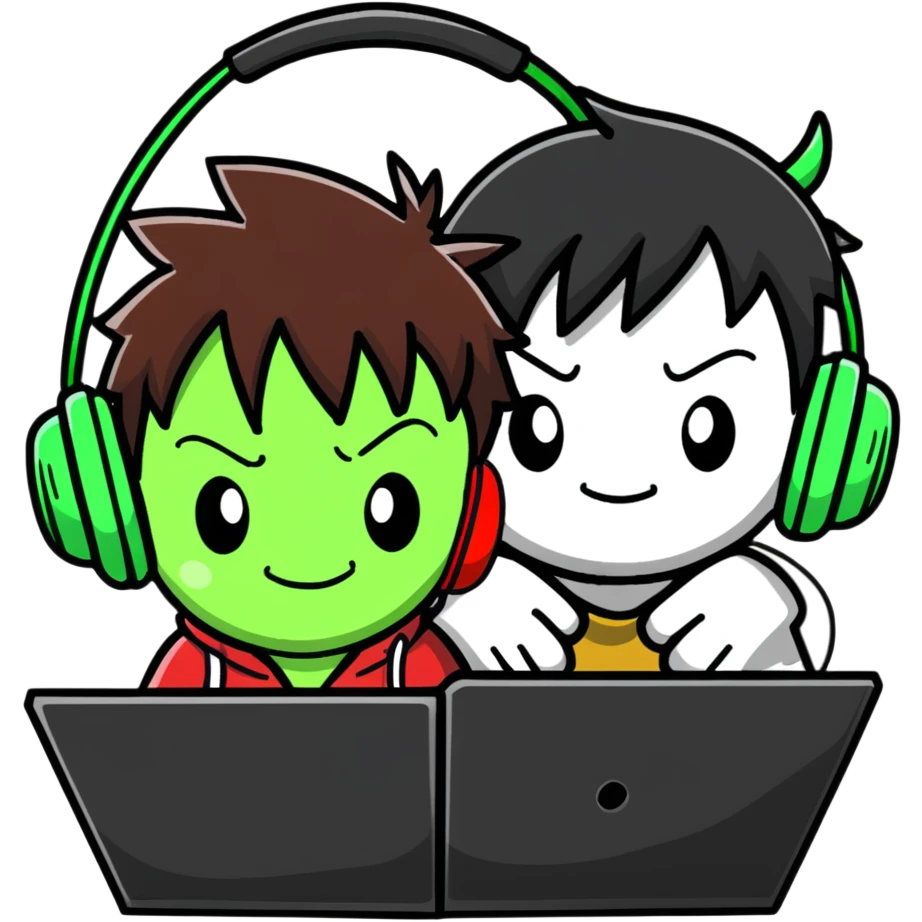 Green Luffy and green Alastor wearing headphones listening to music together emoji