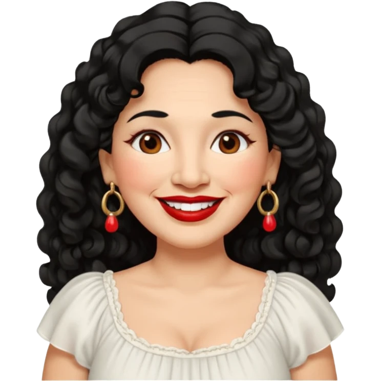 60 yr old Mexican woman, slightly chubby, wavy/curly long black hair, red lipstick, big smile, white teeth, brown eyes, hoop earings, side part to hair, round face, pretty white dress, hair side swept, big hoop earing emoji