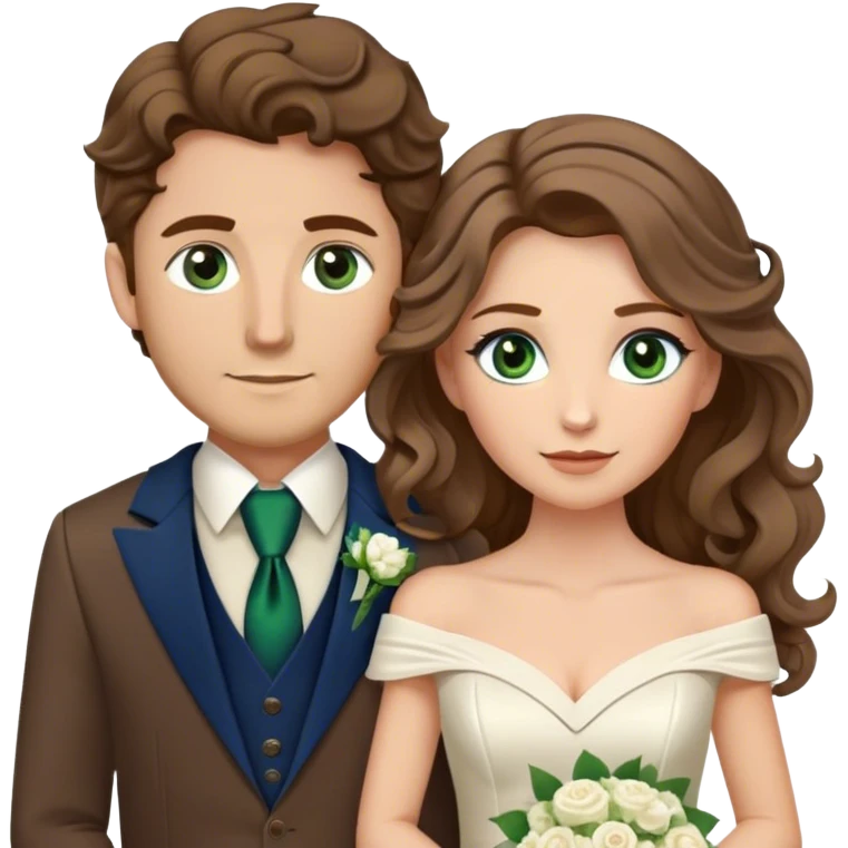 A bride and groom. Bride has brown hair with soft curls, has green eyes, wears an off shoulder dress. Groom, dark blue eyes, hair is blond, wears a brown suit with a brown vest and a bolo tie. emoji